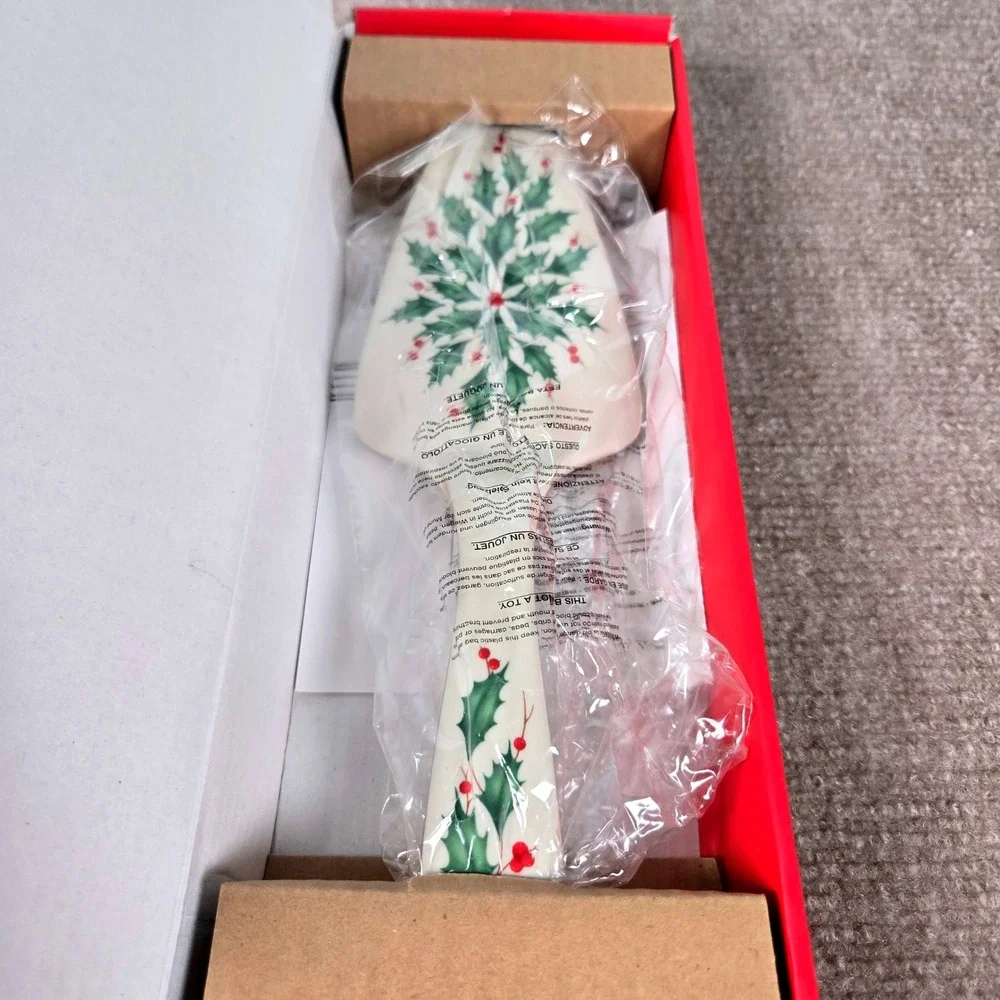Lenox Holiday Dessert Server Ivory Bone China Gold Trim Holly Berry Christmas